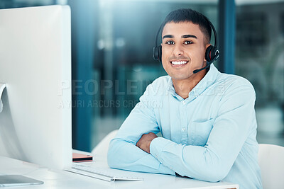Buy stock photo Call center, portrait and employee with a smile and computer for support, help and communication on the internet. Crm, ecommerce and telemarketing worker working in customer service as a consultant