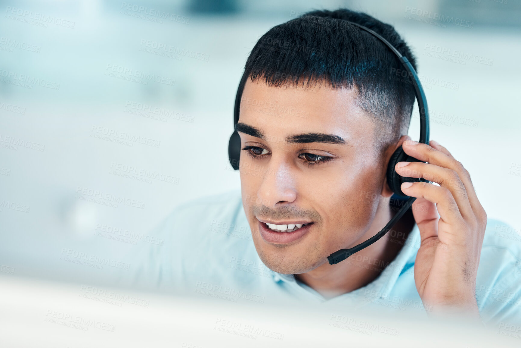 Buy stock photo Man, telemarketing and call center agent for corporate insurance company. Young consulting employee, crm customer service or contact us help desk consultant online headphone communication in office