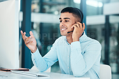 Buy stock photo Computer, telecom communication and telemarketing consultant working on sales pitch conversation. Contact us help desk, customer service or call center man with microphone consulting for tech support