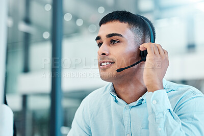 Buy stock photo Call center, telemarketing and customer service consultant with headset for communication and sales at office help desk. Contact us and crm agent talking online for support and service with a smile

