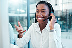 Communication, call center and black woman consulting at computer with professional customer online. Telemarketing consultant listening to internet client with smile in corporate workplace.
