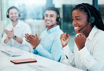 Buy stock photo Black woman, fist or success in call center celebration, contact us growth or telemarketing target in teamwork collaboration. Smile, happy or winner customer support workers in office crm sales goals