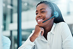 Black woman, call center and headphone with microphone, contact us and employee in customer service or telemarketing sales. Office, working and phone call, communication with agent and support.