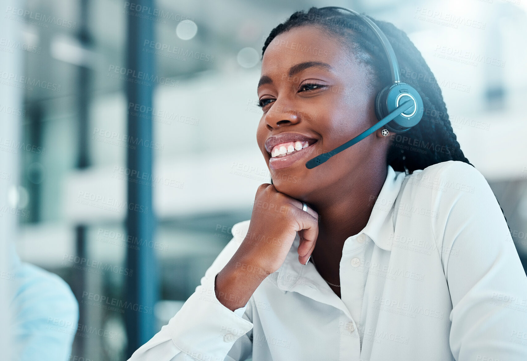 Buy stock photo Black woman, call center and headphone with microphone, contact us and employee in customer service or telemarketing sales. Office, working and phone call, communication with agent and support.