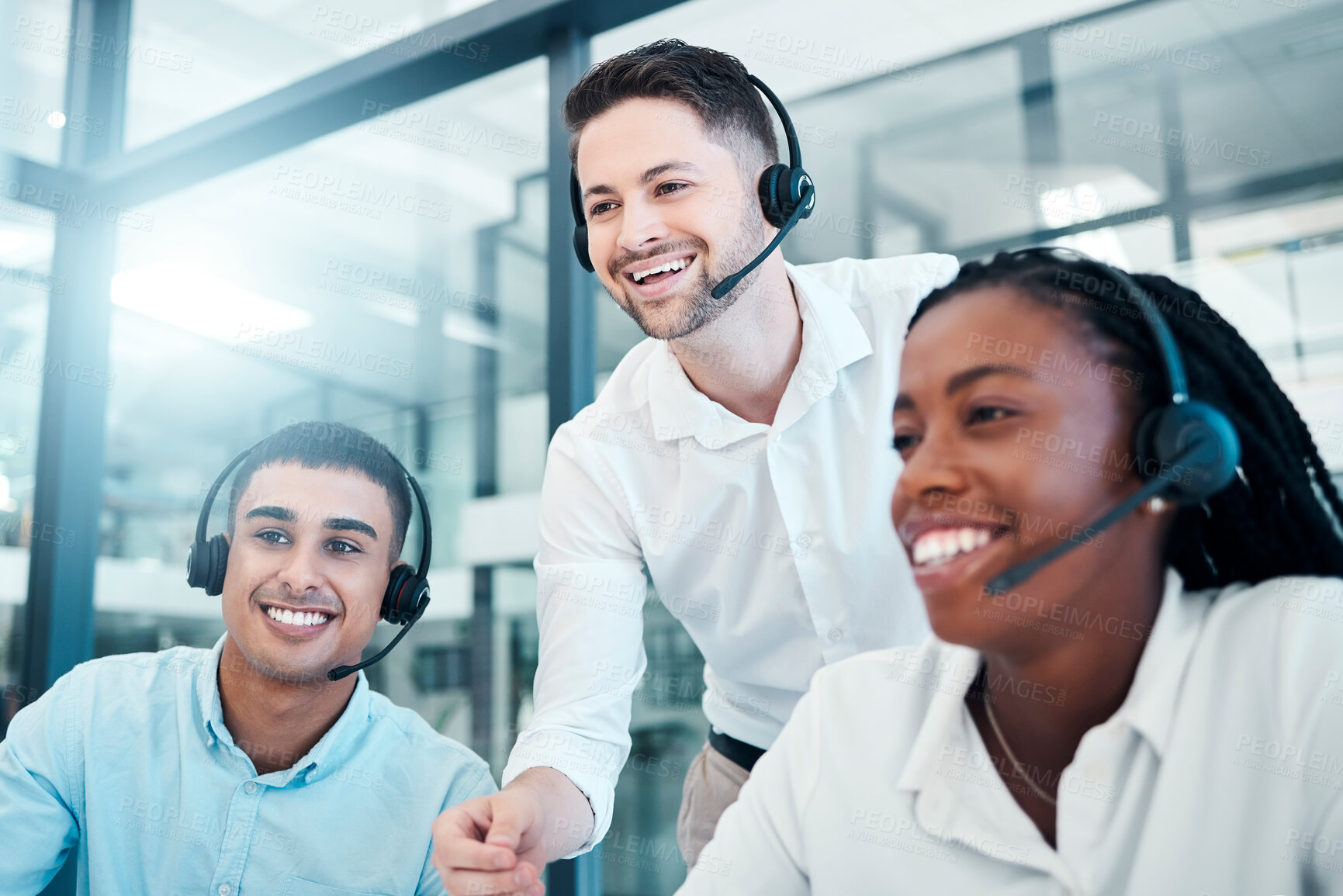 Buy stock photo Customer support, call center and team working together in office, manager helping workers. Diversity, teamwork and boss with consulting agents in customer service, telemarketing and crm workplace