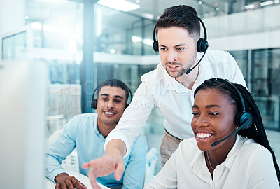 Buy stock photo Telemarketing team, training and customer service leader coaching consultation in office. Crm consultant with headset, contact us and business help desk support management agency or call center coach