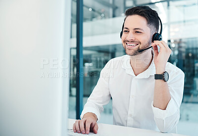 Buy stock photo Telemarketing, customer service and call center worker with headset, happy and consulting online with computer. Consultant, customer support and contact us employee with advice, smile or help on crm 