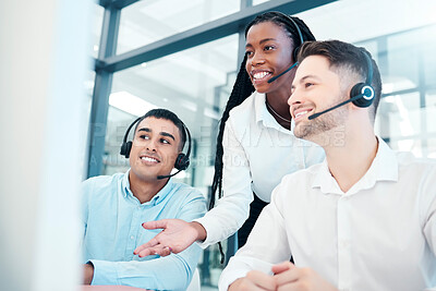 Buy stock photo Call center, team and coaching mentor for telemarketing, customer service or sales at the office. Happy employee agents in teamwork, contact us or help for consulting or online desktop support