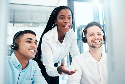 Buy stock photo Call center, coaching and team mentor in telemarketing, consulting or customer service at the office. Happy employee consultants in contact us, collaboration or teamwork for support in work training