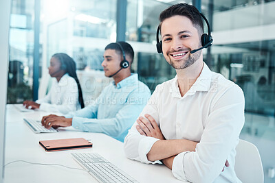 Buy stock photo Customer service, call center and support with a man consulting using a headset in a sales office. Ecommerce, contact us and telemarketing with a male consultation working as a professional crm agent