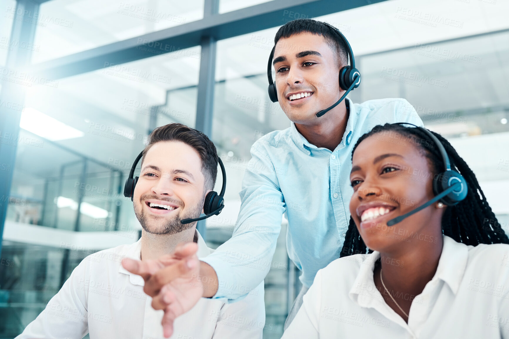 Buy stock photo Call center, manager and new employees training, coaching and advice for customer service, work process and smile in office. Team leader, coach and teaching junior consultants telemarketing system.