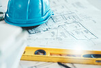 Architecture, blueprint and plan, construction and helmet, engineering design and drawing with level closeup. Construction site, building industry and renovation paperwork, planning and 2d sketch.
