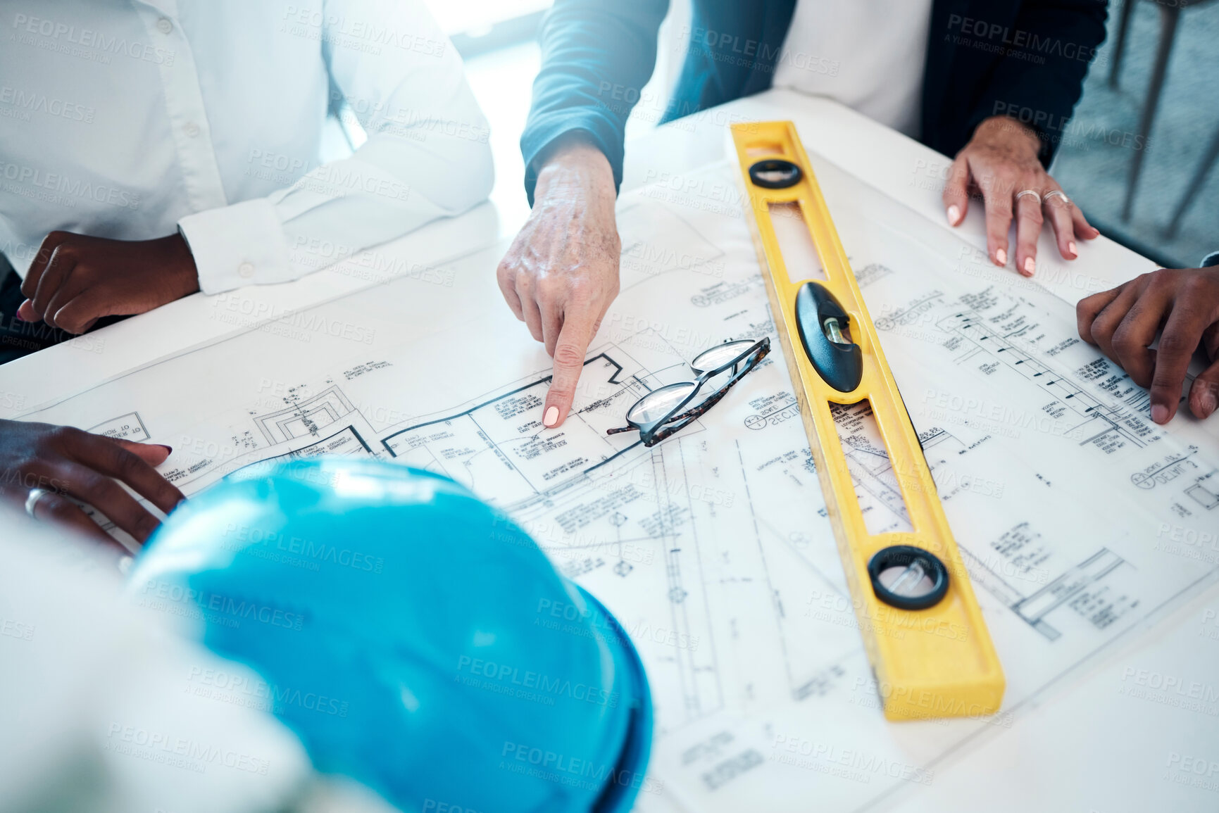 Buy stock photo Architecture hands, blueprint design and strategy for construction scale, property planning and building logistics. Industrial engineering designers,  floor plan and real estate building project