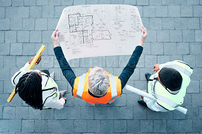 Buy stock photo Architect, team and construction blueprint above for building, planning or structure layout to work on site. Business people in architecture with industrial floor plan in teamwork for company project