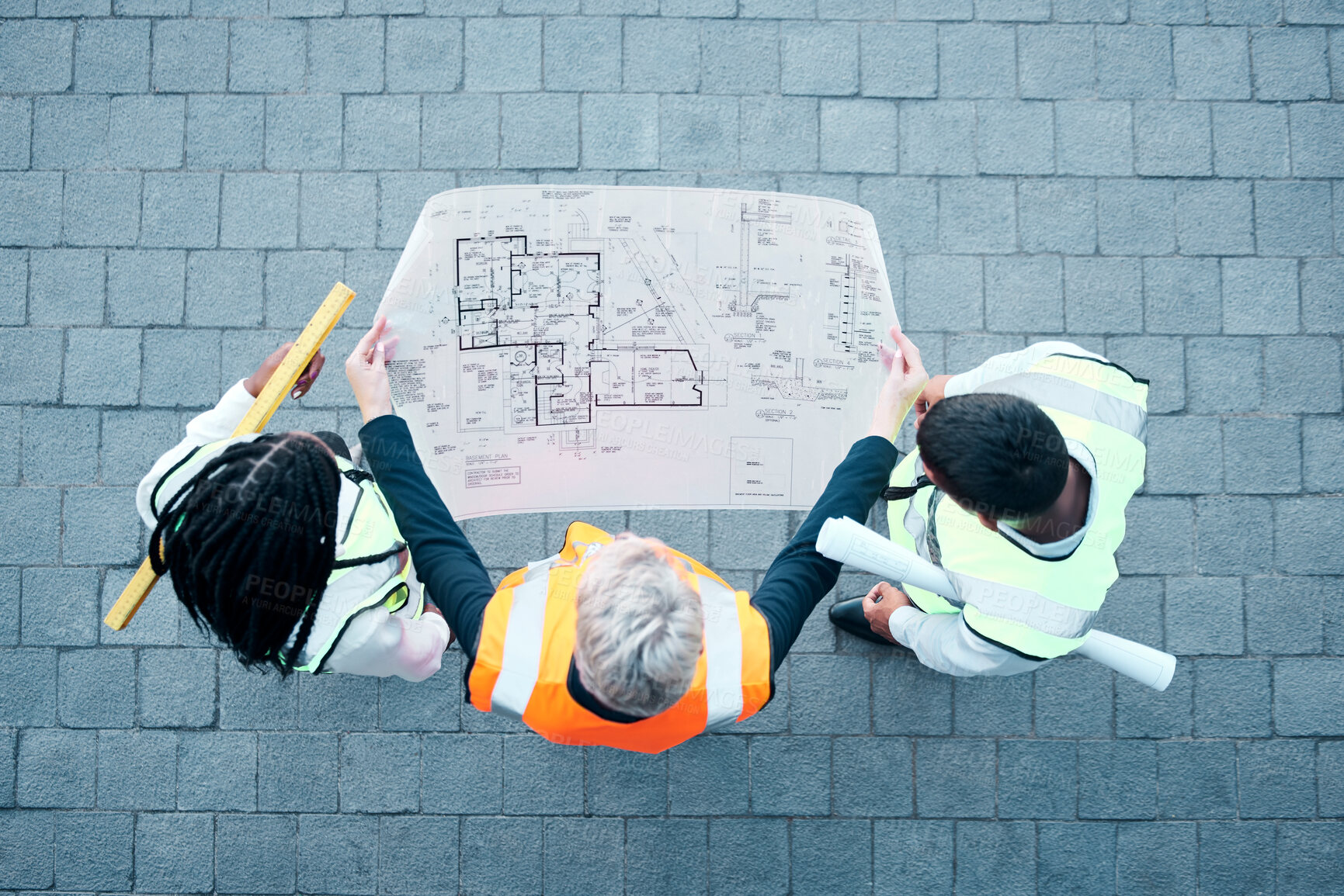 Buy stock photo team, architect and blueprint paper while planning building development, engineering and architecture design from above. Floor plan, engineer and teamwork with collaboration, creative idea or talking