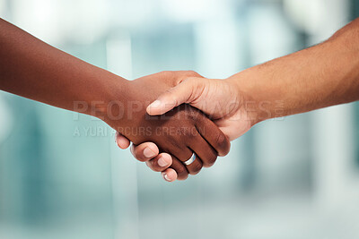 Buy stock photo Handshake, partnership and thank you for business, deal and welcome to b2b meeting at office. Business people shaking hands, collaboration or teamwork in job interview, recruitment and hiring at work