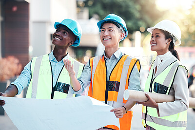 Buy stock photo Blueprint, industrial and architects with smile for construction, building design and architecture on site together. Happy, creative and engineering workers with paper for renovation plan in the city