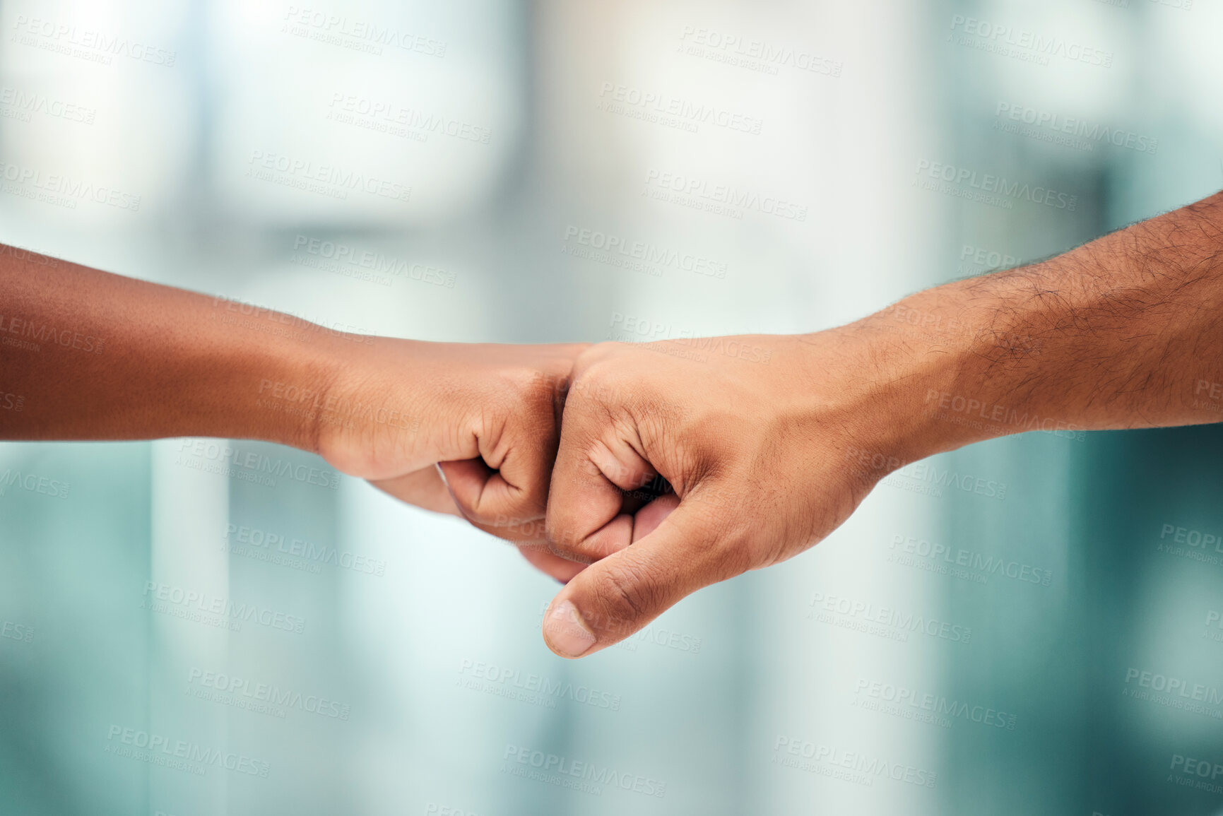 Buy stock photo Teamwork, fist bump and greeting of people together for partnership, collaboration and agreement to deal while in office. Hands of man and woman friends celebrate support, trust and power of team