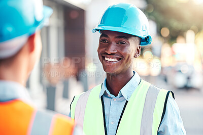 Buy stock photo Construction, black man and architect talking, happy and conversation for collaboration project. Engineer, business and employee have discussion for strategy for building, architecture and coworker.