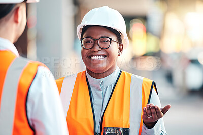 Buy stock photo Engineer, happy or consulting with architect on building strategy, planning and schedule on industrial site. Black woman in conversation with employee, staff or manager about architecture development