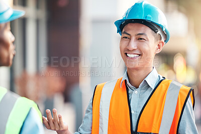Buy stock photo Architect team talking, collaboration and teamwork in construction site planning building strategy. Engineer men working together on plans, smile or architecture information for a project outdoor