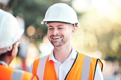 Buy stock photo Safety, architecture and happy engineer at a construction site talking or speaking at a home renovation. Smile, contractor and engineering partner in conversation at an outdoor building project job