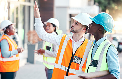 Buy stock photo Construction worker, team and collaboration with building engineer leader or safety manager. Teamwork, industrial engineering colleagues and contractor men discuss architecture maintenance in city