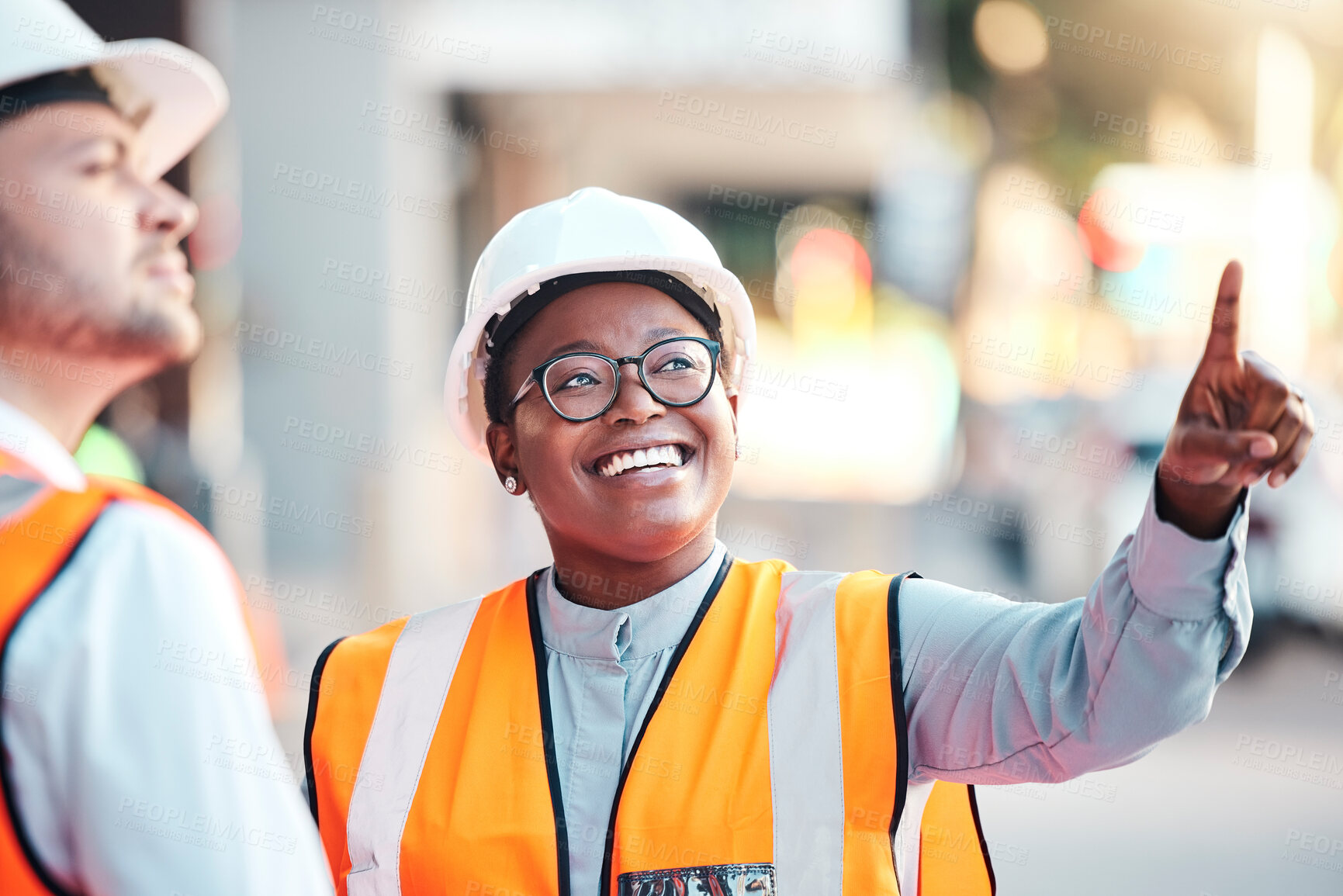 Buy stock photo Engineering, architecture and industry employees planning a maintenance, architect or construction project. Development, partnership and black woman working on a civil plan at outdoor industrial site