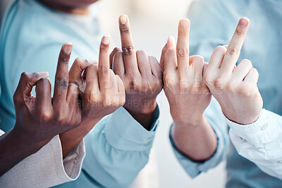 Buy stock photo Business people, hand and middle finger with rude, gesture and conflict with disrespect, conflict and opinion. People, finger and hands show sign, icon and fingers with diversity, vote and bad 