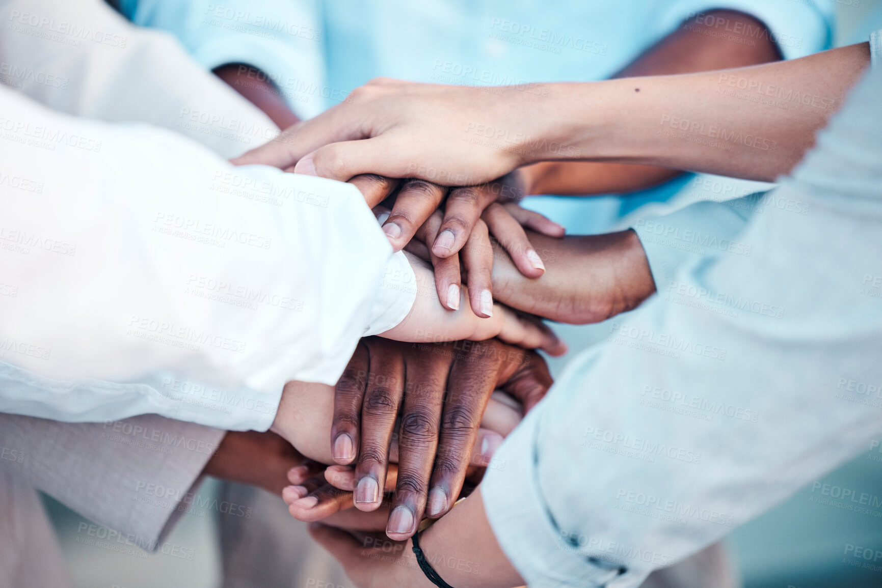 Buy stock photo Diversity, business and hands together, for collaboration and support for group project. Closeup, partnership or solidarity for teamwork, team building or commitment for cooperation for planning 