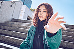 Fashion, trendy and portrait of a woman in the city with a stylish, edgy and street wear outfit. Youth, stylish and girl model from Mexico posing with her hand in an outdoor road in a urban town.