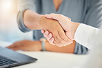 Corporate handshake, welcome and partnership support in business meeting. Young business woman shaking hands, celebrate teamwork support success and collaboration deal or thank you for the interview 