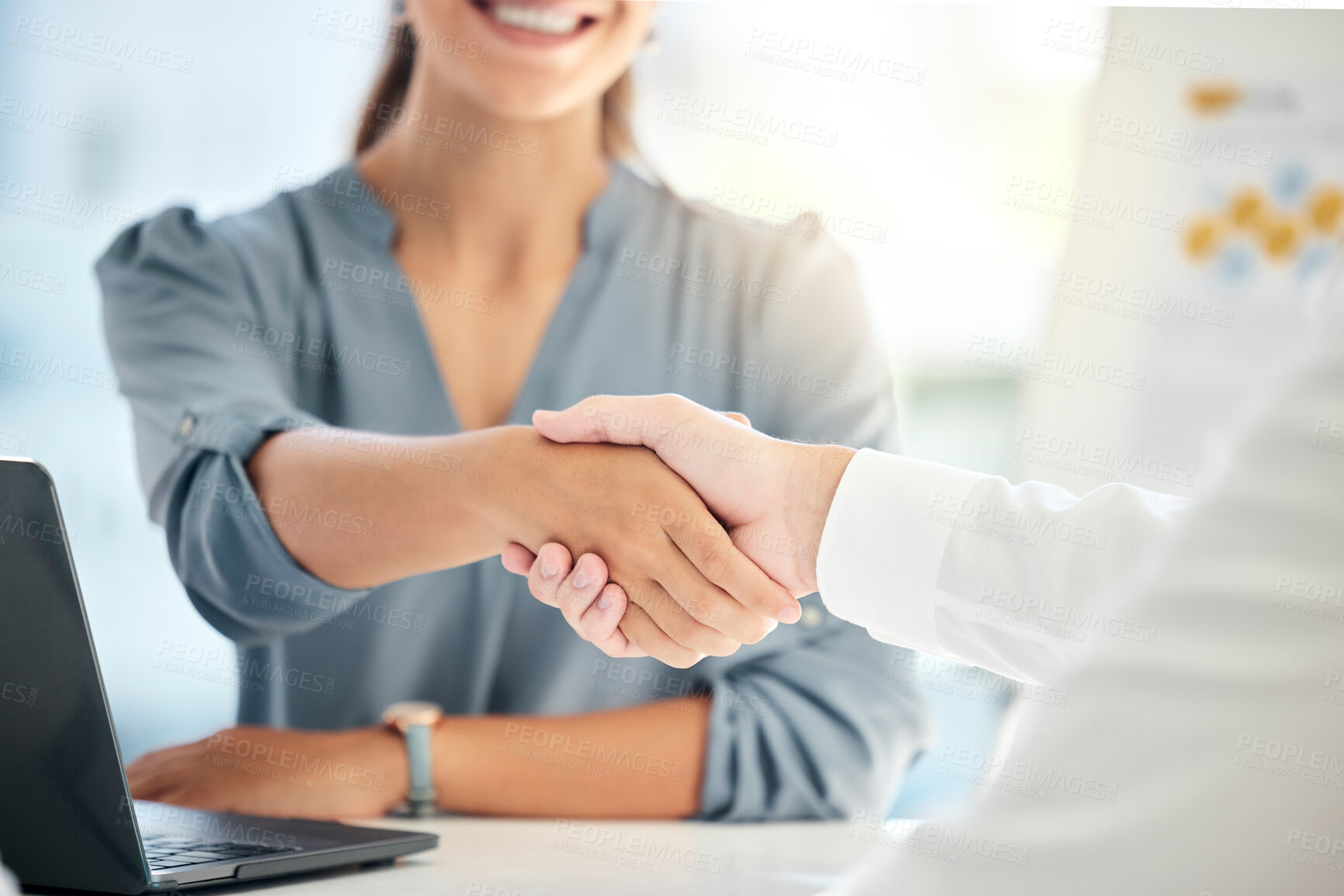 Buy stock photo B2b, business meeting and handshake thank you to client for corporate partnership, sales deal and retail presentation. Crm team leader, company CEO and executive shaking hands for future work success