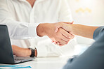 Business handshake, people meeting in office interview with human resources or we are hiring recruitment staff. Partnership deal agreement, employees working together or b2b technology contract