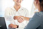 Handshake, meeting and business people in an interview, partnership and welcome at a corporate company. Thank you, b2b and workers shaking hands with a smile for a contract, deal and recruitment