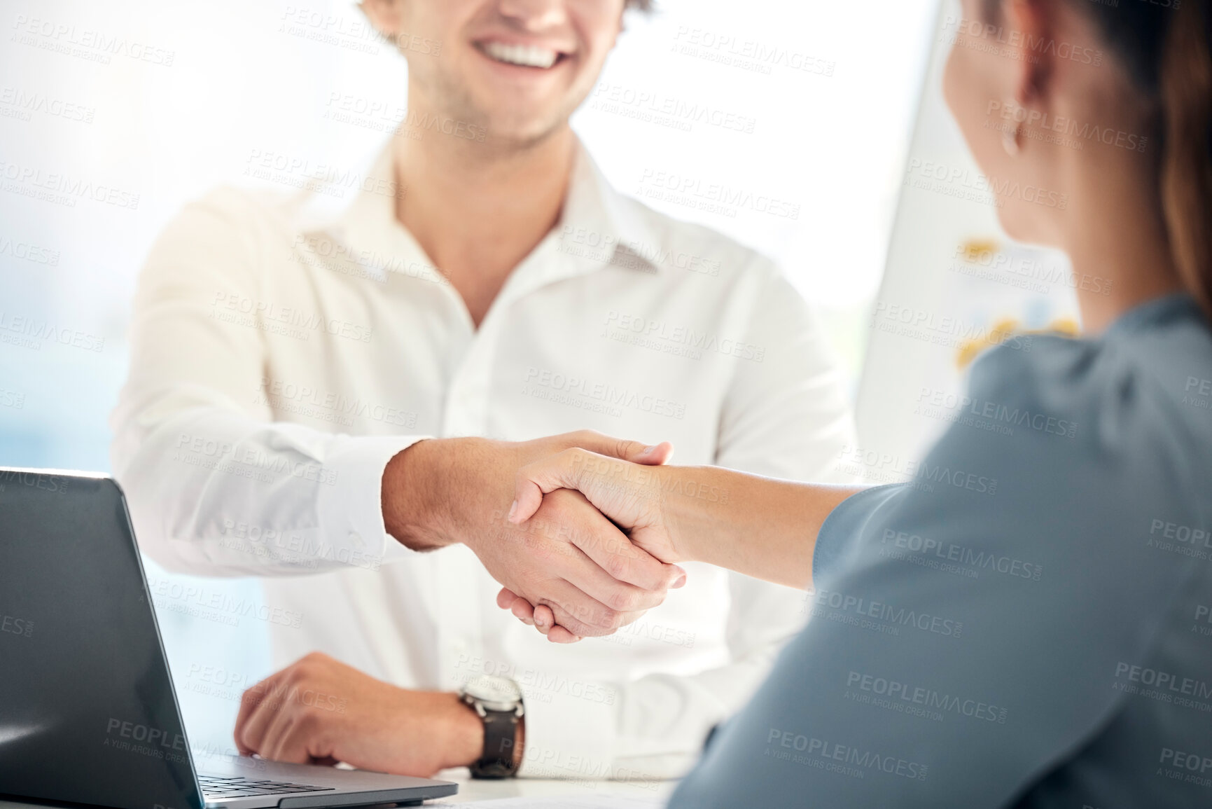 Buy stock photo Handshake, meeting and business people in an interview, partnership and welcome at a corporate company. Thank you, b2b and workers shaking hands with a smile for a contract, deal and recruitment