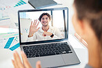 Wave, laptop and businessman video call, online meeting and collaboration conversation. Employee, digital device and discussion for feedback, presentation and start virtual call for training project.