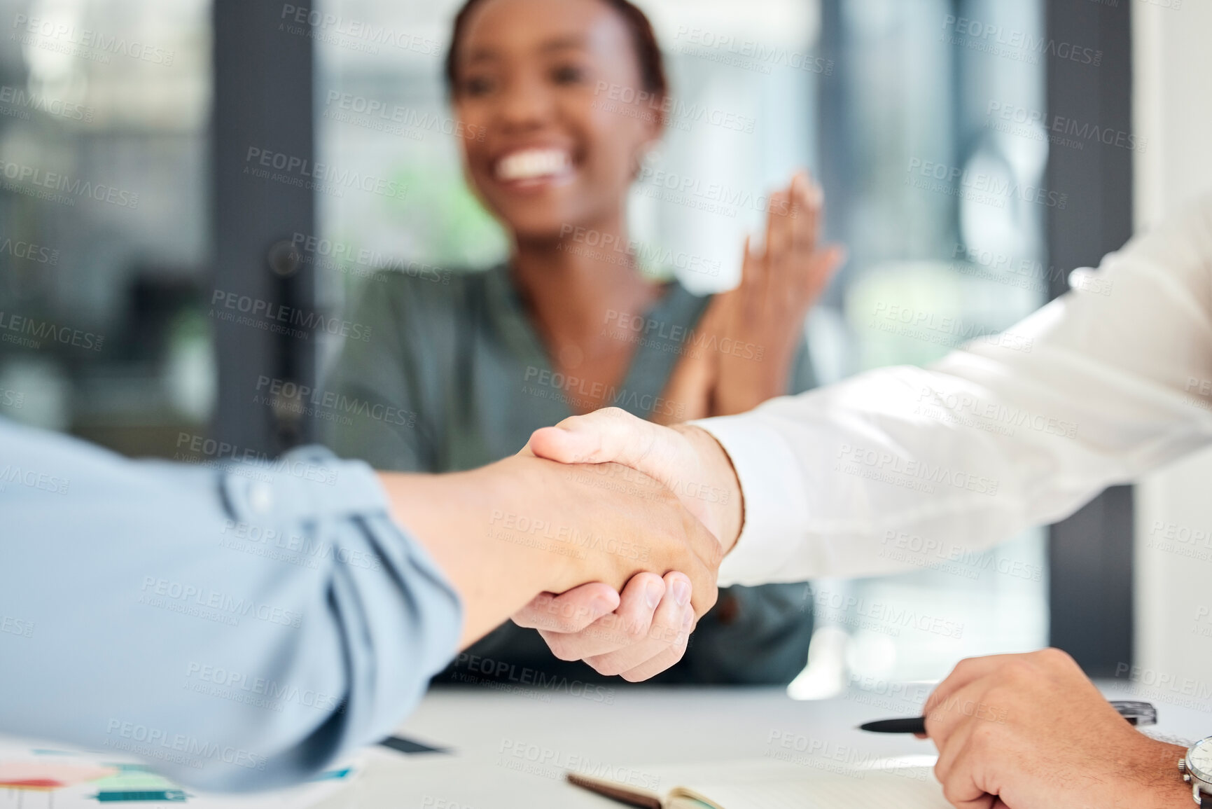 Buy stock photo Handshake, deal and business partnership agreement with applause at startup office. Shaking hands, thank you and corporate welcome to new recruit or happy partner. Hand shake at recruitment meeting.