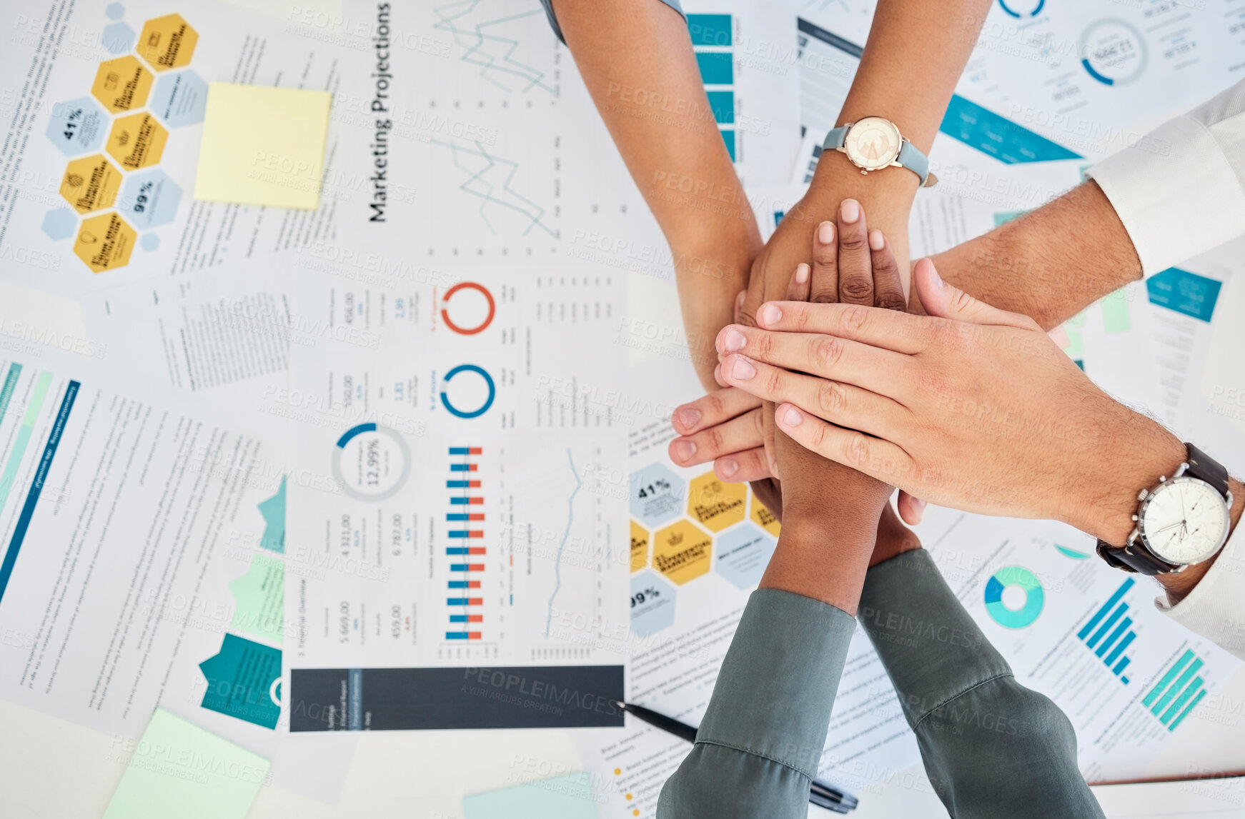 Buy stock photo Team hands, marketing collaboration and teamwork support for financial reports in office. Diversity, corporate employee trust and business partnership motivation or goal achievement success at desk