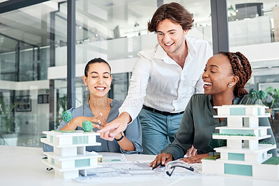Buy stock photo Architecture, building engineering or designers and 3d model, construction or real estate structure ideas in teamwork collaboration. Smile, happy or blueprint planning for talking property developers