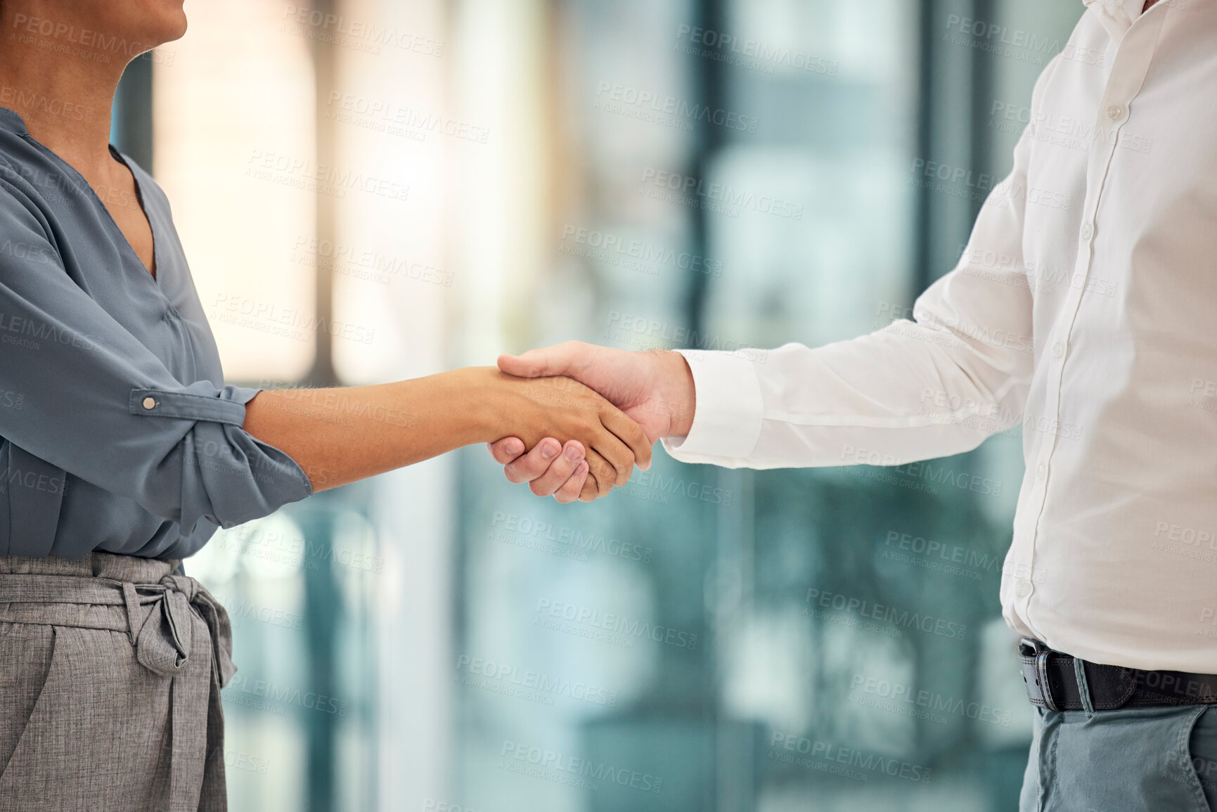 Buy stock photo Business handshake, welcome and thank you for interview meeting or partnership success deal. B2B corporate worker congratulations, well done teamwork collaboration and employees shaking hands