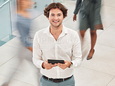 Buy stock photo Business man, tablet and busy office while online for digital marketing, communication and social media advertising. Portrait of male entrepreneur on mobile app for motivation or inspiration for work