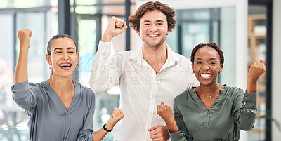 Buy stock photo Teamwork, diversity and celebration with business people excited and happy about target, success or profit from growth of project. Diversity team of women and man celebrate good service reward