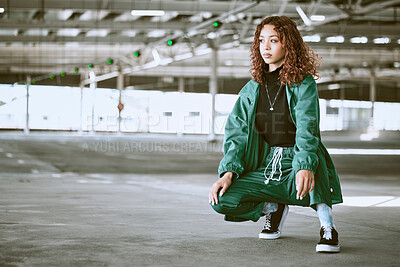Buy stock photo Youth, fashion and black woman with streetwear in an urban city parking lot for design, brand and hip hop lifestyle. Young woman, teenager or fashion model in designer clothes and sneakers outdoor