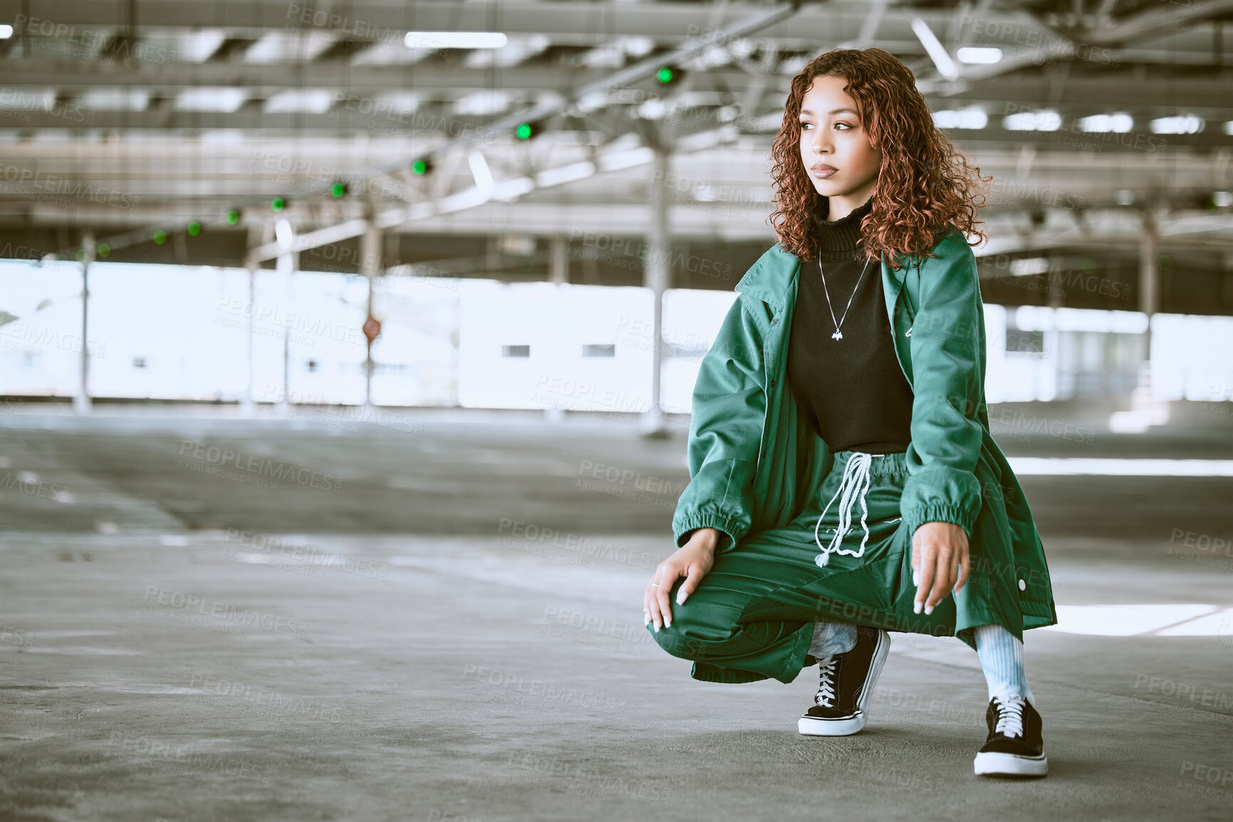Buy stock photo Youth, fashion and black woman with streetwear in an urban city parking lot for design, brand and hip hop lifestyle. Young woman, teenager or fashion model in designer clothes and sneakers outdoor