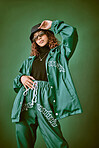 Foto de Fashion clothes, style and black woman with green rap, gen