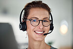 Call center, woman and happy portrait closeup of communication, connection and consulting worker. Customer service employee excited for internet  consultation in office workspace with microphone.

