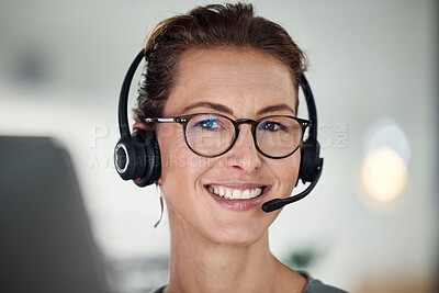 Buy stock photo Call center, woman and happy portrait closeup of communication, connection and consulting worker. Customer service employee smiling for internet  consultation in office workspace with microphone.

