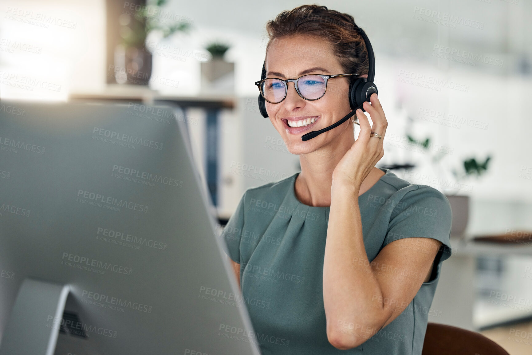 Buy stock photo Happy, call center and computer, woman and headphones at desk, customer support or sales for telemarketing company. Mature agent or consultant, office and working, communication and customer service