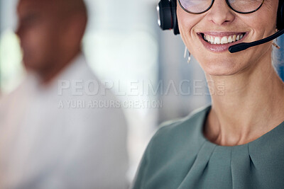 Buy stock photo Call center, contact us and woman with headphone and microphone, customer service job or telemarketing with tech support. Connect, crm and help client, agent smile at office with communication.